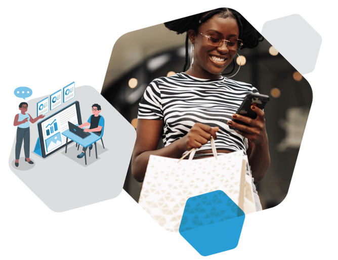 illustration of ecommerce marketing team, photo of retail customer with shopping bags scrolling on mobile phone